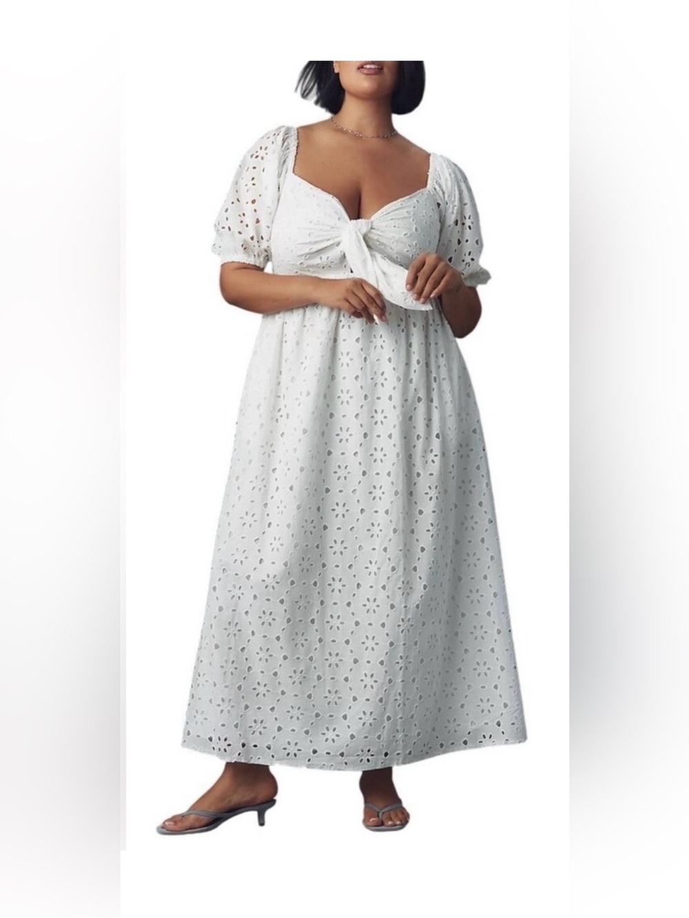 Eloquii White Eyelet Maxi Dress Tie Front Puff Sleeve Cotton Lined Size 22